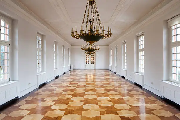 Long white corridor, parquet floor, elegant interior