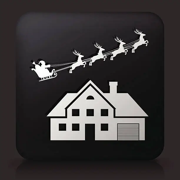 Vector illustration of Black Square Button with Santa's Sleigh Over the House