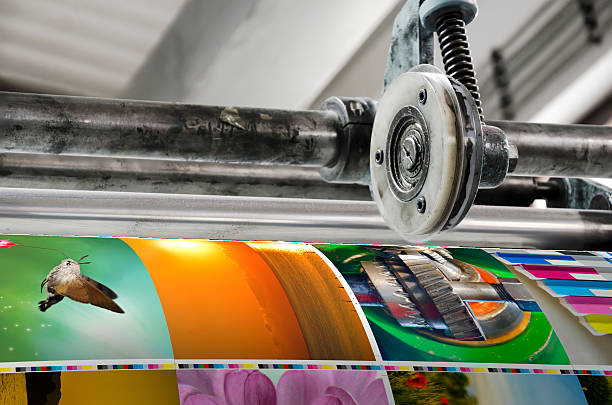 Magazine offset printing machine close up stock photo