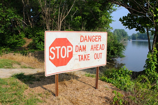 A warning sign on the river.