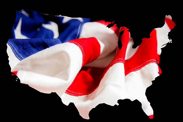 istock USA map with an American flag inside outline.  Black border. 478266664