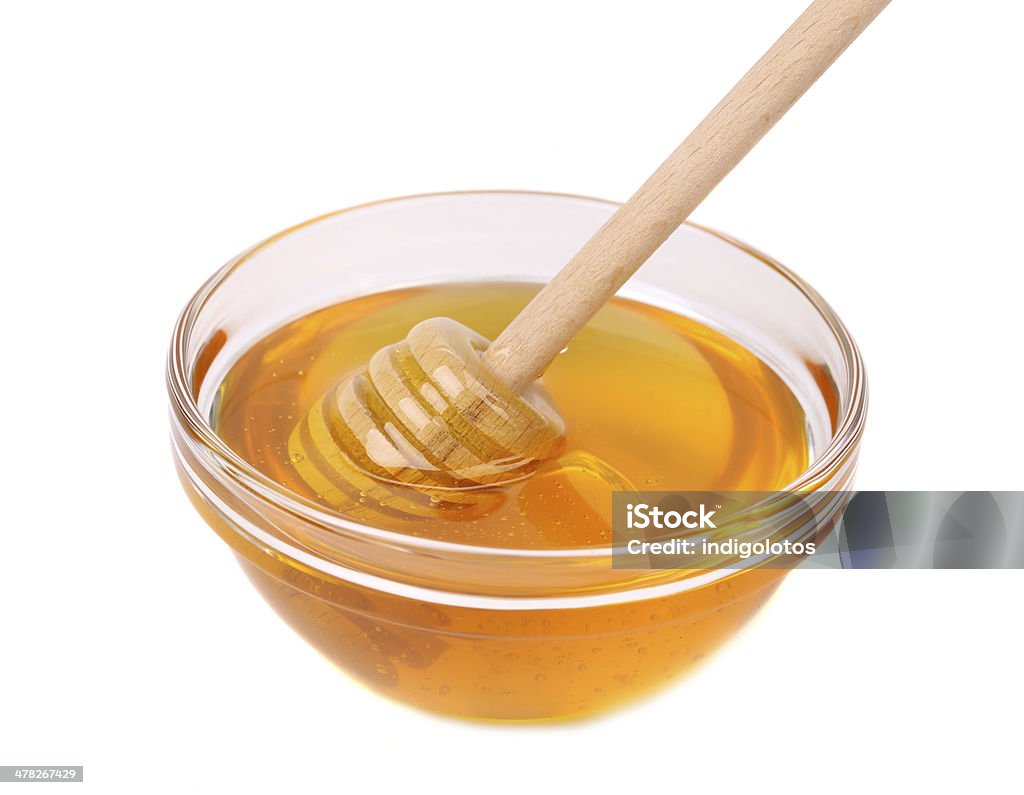 Tigela de vidro de mel com drizzler de madeira - Foto de stock de Alimentação Saudável royalty-free