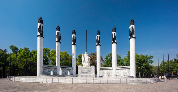 The Ninos Heroes Monument in Chapultepec Park, Mexico City on a sunny day. The Monument memorializes cadets who fought the United States during the Mexican-American War in 1847. The Monument was made in the 1940s.