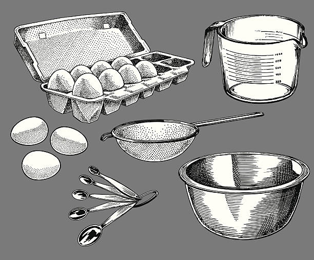 illustrations, cliparts, dessins animés et icônes de outils de cuisine-carton d'oeufs, mesureur - cuillère mesure