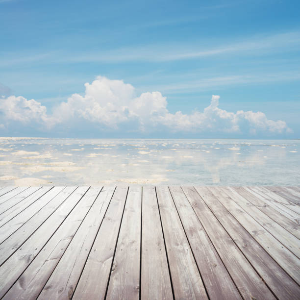 istock Wooden platform on beach with seascape and cloudy sky 478267706