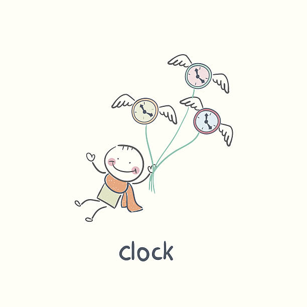 Cute person with flying clocks vector art illustration