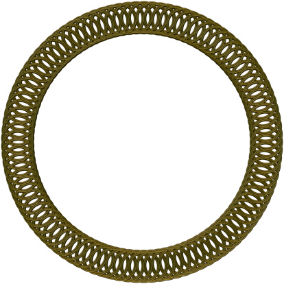 This is a 3D fractal render of a circular shape that forms an attractive picture frame. It has a simulated brass metal finish. While the final render resembles a picure frame, it is a mathematical structure that might be hard to really construct.