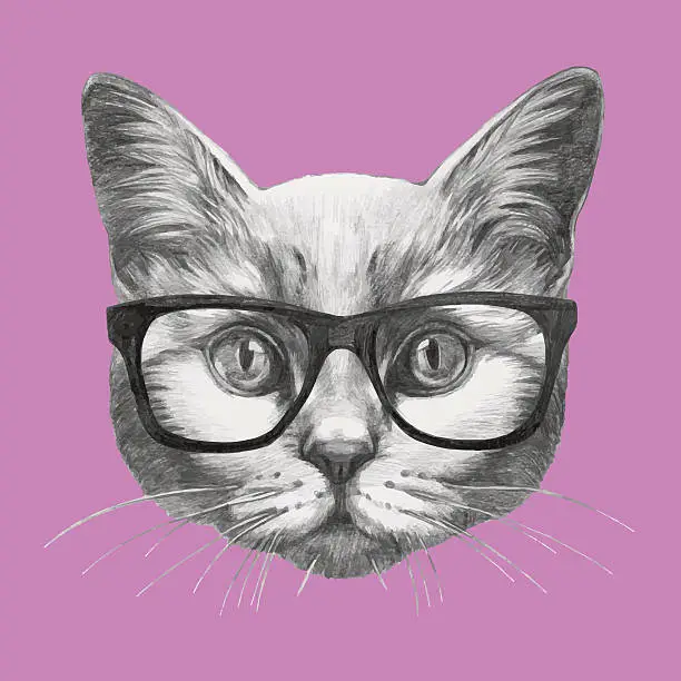 Vector illustration of Hand drawn portrait of Cat with glasses.