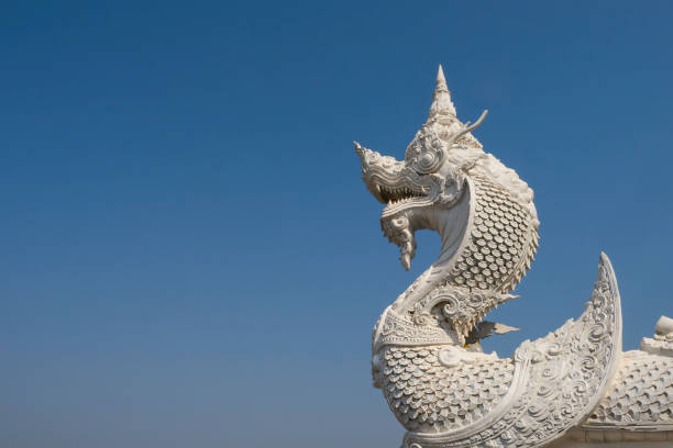 King of White Naga with Blue Sky in Temple, Thailand
