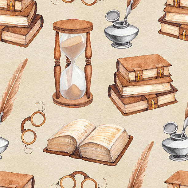Watercolor vintage books, glasses, sand hourglass and ink pen vector art illustration