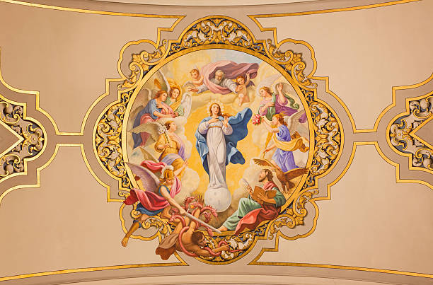Seville -  fresco Virgin Mary as Immaculate conception Seville -  The fresco Virgin Mary as Immaculate conception on the ceiling in church Basilica de la Macarena by Rafael Rodrguez from end of 19. cent. in neobaroque style. brogue photos stock pictures, royalty-free photos & images