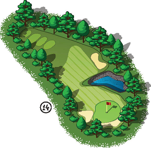 illustrations, cliparts, dessins animés et icônes de vecteur parcours de golf, trou n ° vue isométrique avec vue - water hazard illustrations