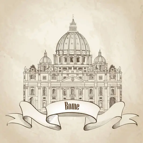 Vector illustration of St. Peter's Cathedral, Rome, Italy. Rome landmark old-fashioned background.