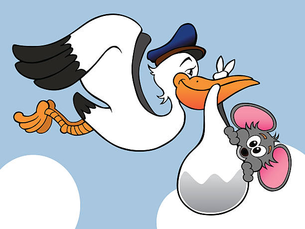 ilustrações, clipart, desenhos animados e ícones de cegonha com bebê mouse - mail cheerful new surprise