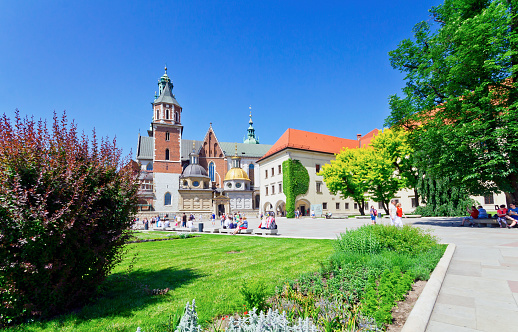 The Wawel Royal Castle with Cathedral Basilica of St. Stanislaw and Waclaw on the Cathedral Square with flowers in foreground in Cracow, Poland.
