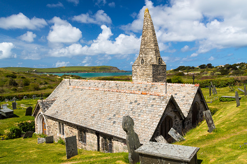 The 12th century St Enodoc Church Trebetherick, resting place of Poet Laureate Sir John Betjeman. Cornwall England