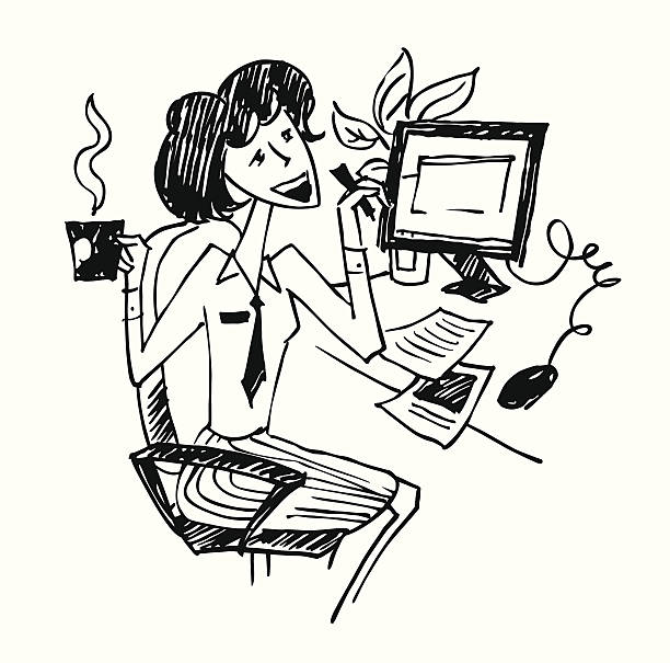girl office computer An outline vector illustration of a girl working at office small business saturday stock illustrations