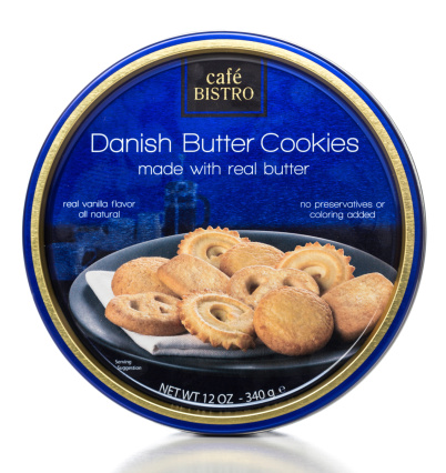 Miami, USA - February 22, 2014: Café Bistro Danish Butter Cookies 12 OZ tin can. Café Bistro brand is owned by Aldi, Inc.