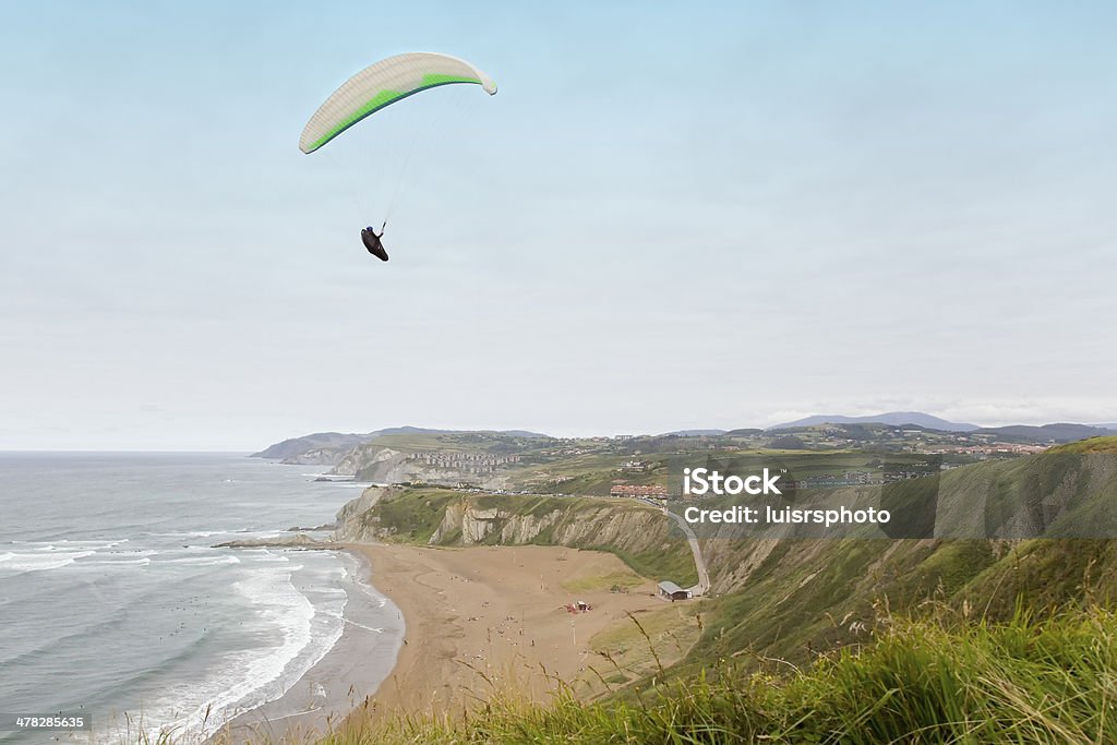 Skydiving Paraglider flying over a beach near the seashore Activity Stock Photo