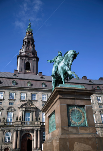 Equestrian statue of King Frederik 7 in front of Christiansborg housing the Danish Parliament. Denmarks first democratic constitution was given June 5. 1849 under his reign after pressure from the bourgois. He was only to happy to step down from absolute power so he could focus on his private interests such as archeology.