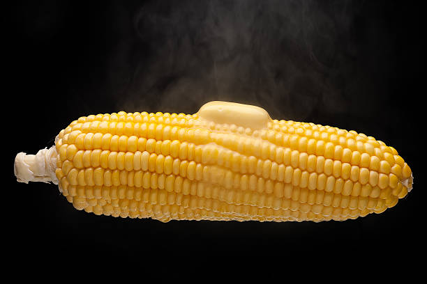 hot corn mit dampfbad und geschmolzener butter - healthy eating macro vegetable farm stock-fotos und bilder