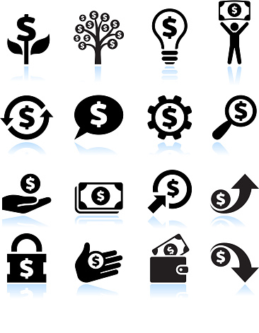 Dollar Finance and Money black and white royalty free vector icon set. This editable vector file features black icons on white background. The icons are organized in rows and can be used as app icons, online as internet web buttons, and in digital and print.