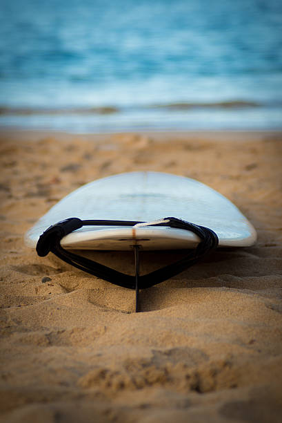 istock Surfboard with leash on sand, ocean in background 478288009