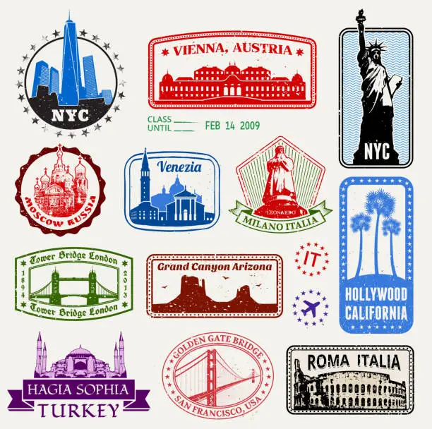 Vector illustration of World Travel Passport stamps royalty free vector graphic