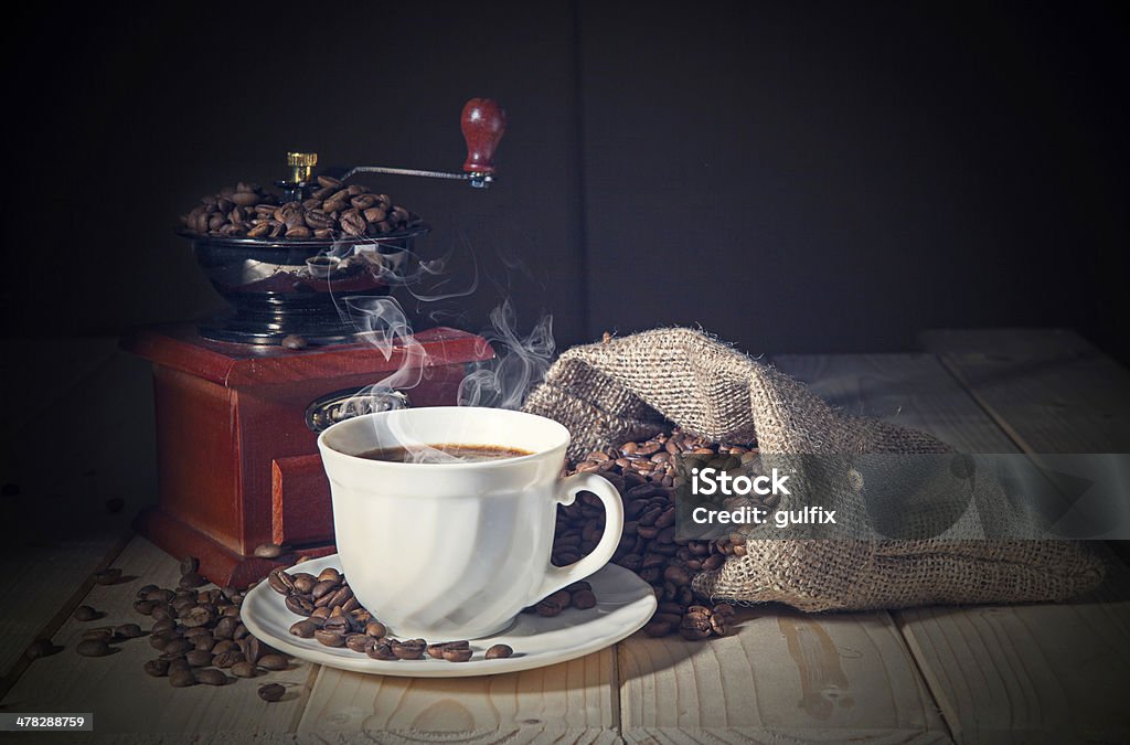 Coffee Grinder and beans with sack Antique Stock Photo