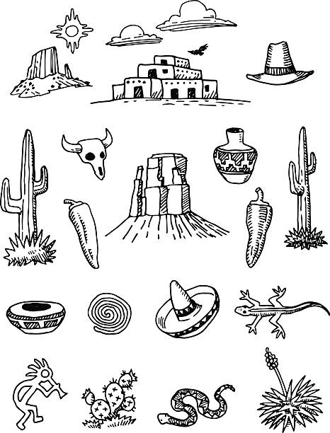 Desert Southwest Hand-drawn Doodles A set of hand-drawn doodles of objects associated with the southwestern United States. desert snake stock illustrations