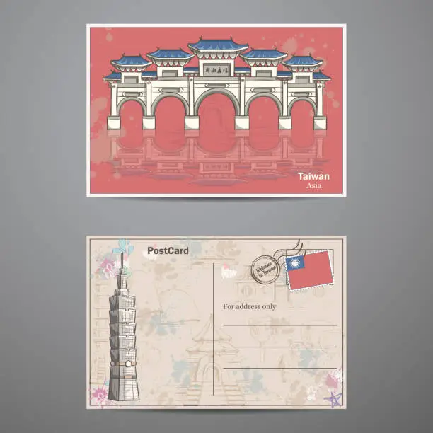 Vector illustration of Set two sides of a postcard with the image Taiwans