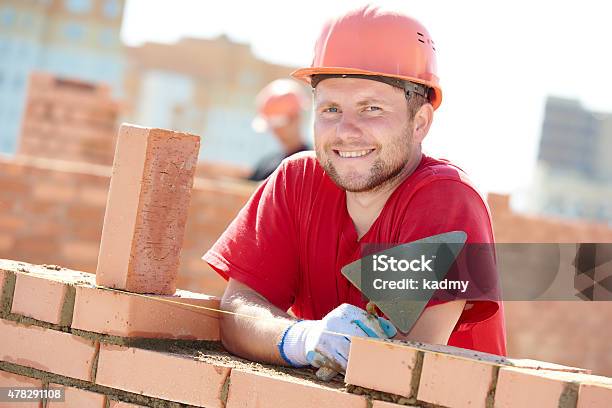 Construction Mason Worker Bricklayer Stock Photo - Download Image Now - Bricklayer, Construction Worker, Trowel