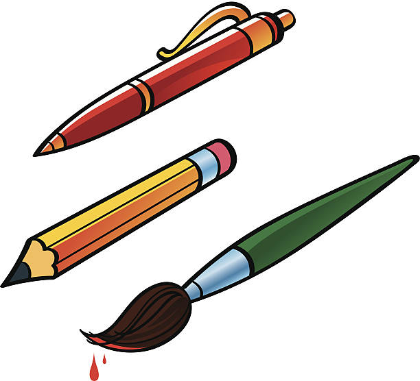 Pen, pencil and brush Set of art tools - pen, pencil and brush pencil cartoon stock illustrations