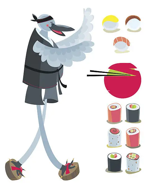 Vector illustration of Japanese set with cook Bird
