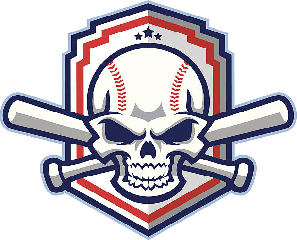 patriotische baseball-totenkopf mit & softball fledermäuse - skull baseball ball stock-grafiken, -clipart, -cartoons und -symbole