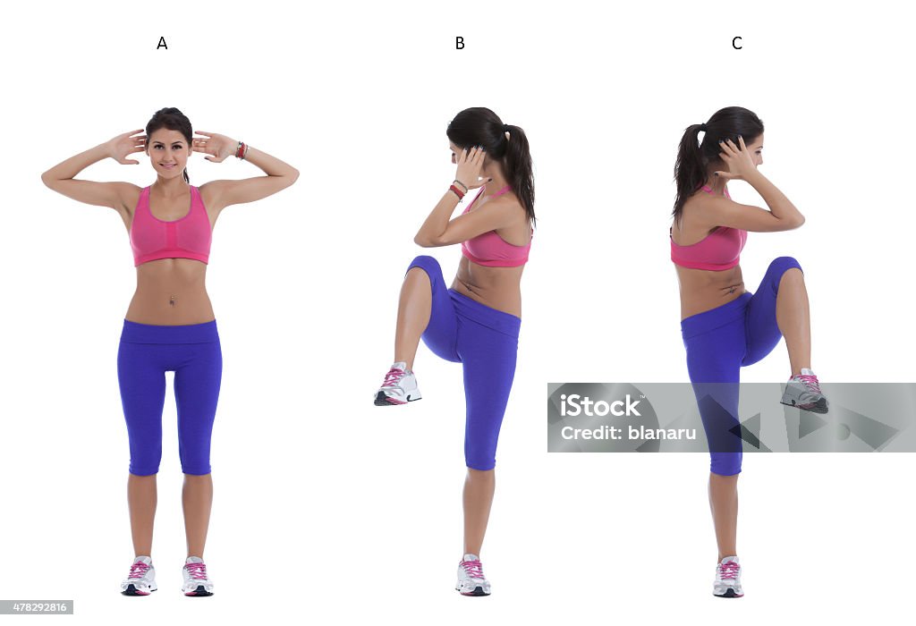 Cross knees to elbows Step by step instructions for abs: Stand with your feet shoulder width apart. Bend your arms and place your hands behind your head. (A) Move each knee to the opposite elbow. (B) Switch, alternate sides. (C) 2015 Stock Photo