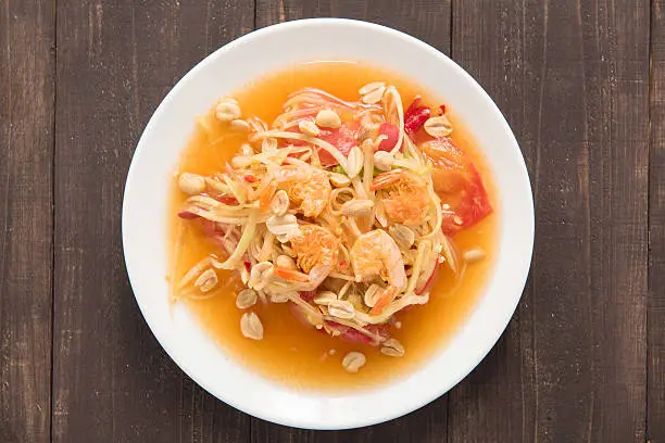 Photo of Papaya salad thai food on wooden background