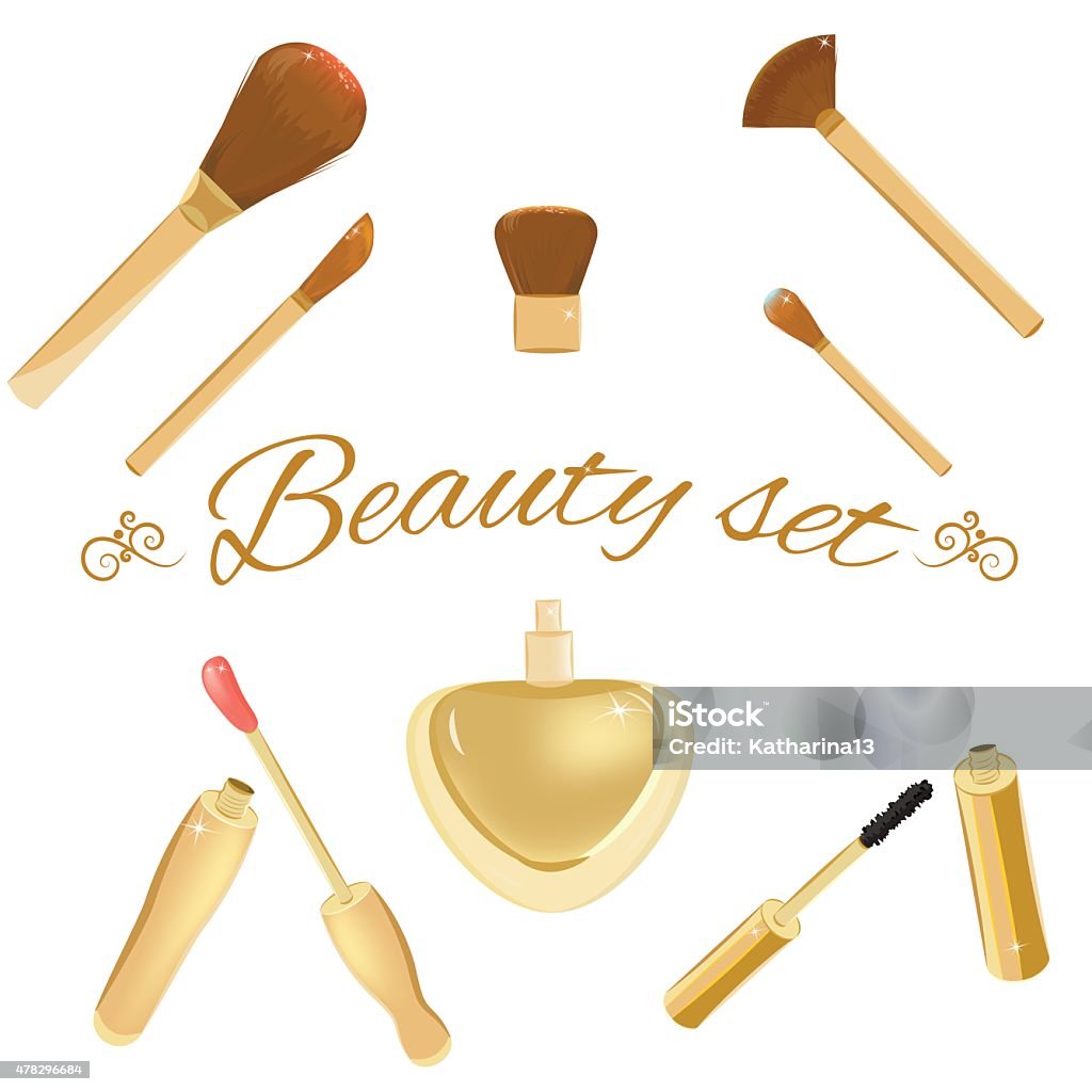 Set of cosmetic brushes, mascara, lipgloss and perfume bottle Elegant collection of fashion cosmetic brushes, mascara, lipgloss and perfume bottle. Luxurious and elegant set for website, digital scrapbook projects and spa or beauty salon design. Separate elements could be used as icons. Beauty, fashion and make up concept. Vector. Make-Up Brush stock vector