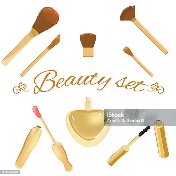 Set Of Cosmetic Brushes Mascara Lipgloss And Perfume Bottle Stock Illustration - Download Image Now