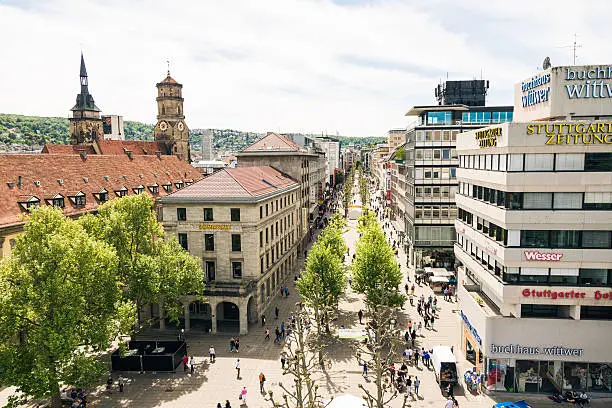 A view of the Koenigstrasse in Stuttgart. Photo taken from the Schlossplatz, from a height of about 30m using a firetruck ladder.