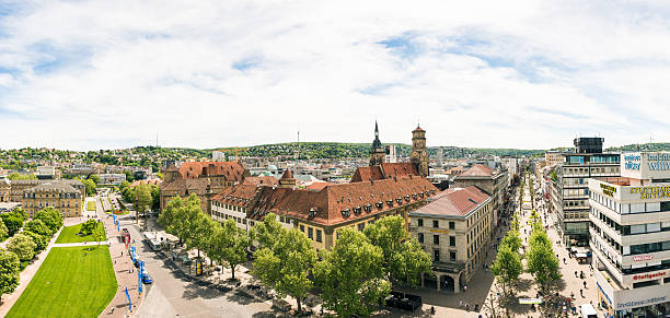 Stuttgart Koenigstrasse Panorama A panoramic view of the Koenigstrasse and Schlossplatz in Stuttgart's center, taken from a height of about 30m using a firetruck ladder. stuttgart stock pictures, royalty-free photos & images
