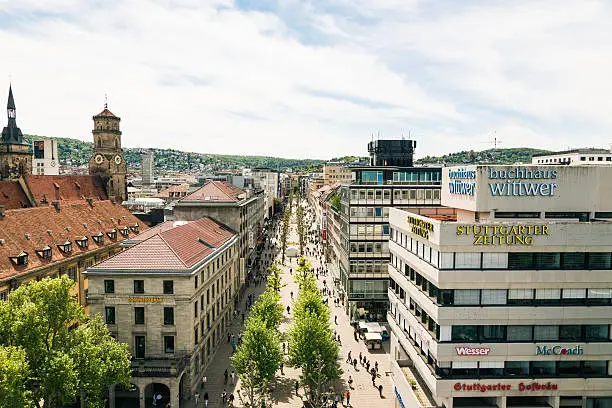 A view of the Koenigstrasse in Stuttgart. Photo taken from the Schlossplatz, from a height of about 30m using a firetruck ladder.