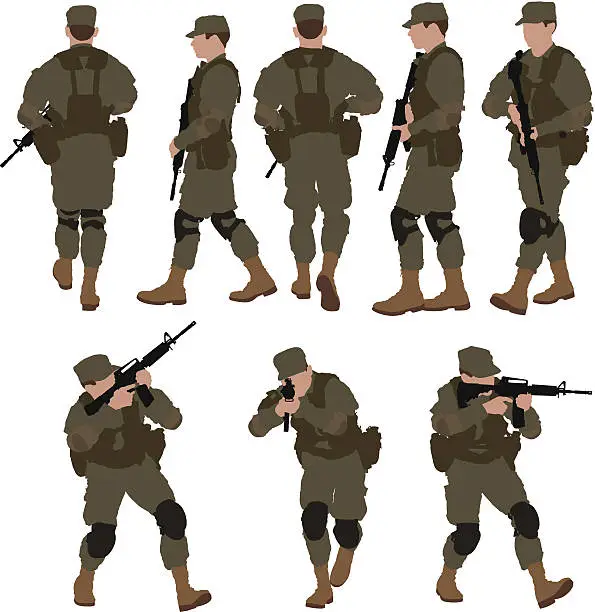 Vector illustration of Multiple images of soldier with machine gun