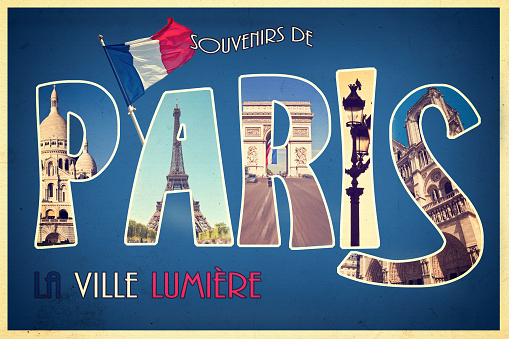 Collage souvenirs de PARIS, la ville lumiere (meaning greetings from Paris the city of light) retro postcard style, vintage process