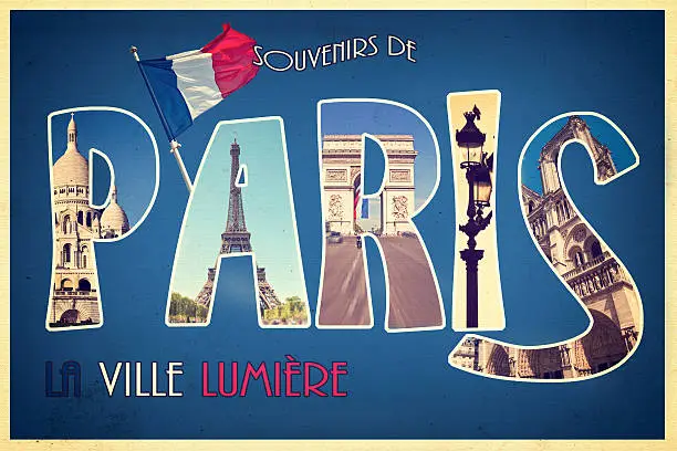 Collage souvenirs de PARIS, la ville lumiere (meaning greetings from Paris the city of light) retro postcard style, vintage process