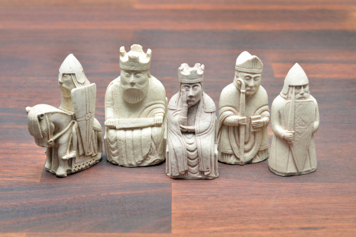 Replicas of the Isle of Lewis chessmen found in 1831 on the Isle of Lewis dating back to the 12th century. Believed to have been made in Norway.
