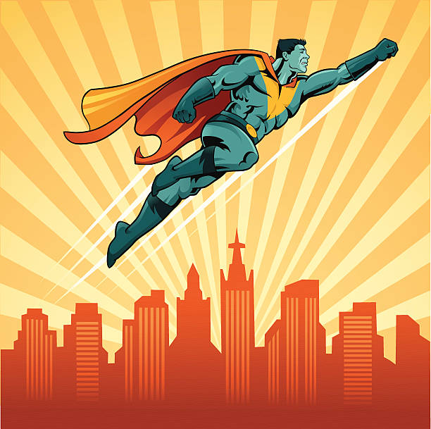 ilustraciones, imágenes clip art, dibujos animados e iconos de stock de flying superhéroe con fondo de los edificios - valiant