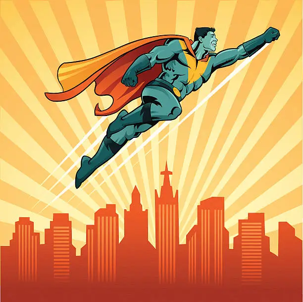 Vector illustration of Flying Superhero With Background Skyline