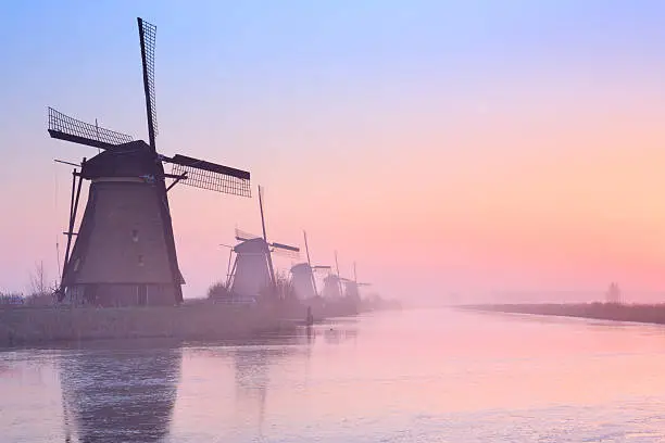 Traditional Dutch windmills on a cold morning at sunrise in winter, at the Kinderdijk in The Netherlands.