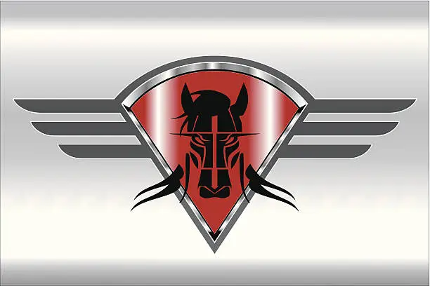 Vector illustration of horse head over the red metallic winged shield